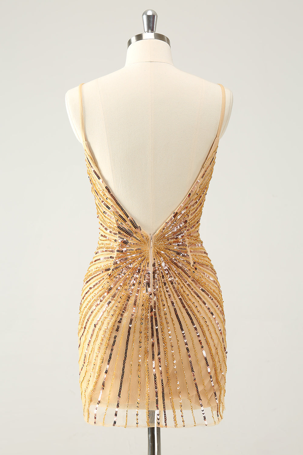 Sparkly Golden Tight Spaghetti Straps Backless Prom Dress with Sequins