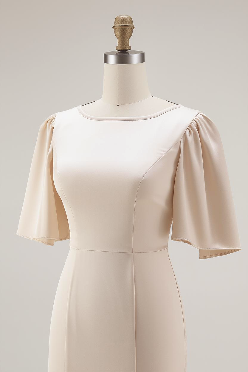 Mermaid Champagne Satin Long Bridesmaid Dress with Sleeves