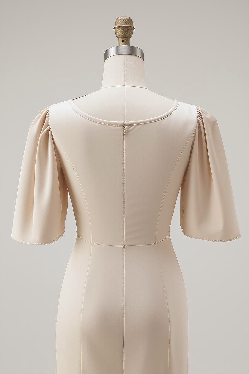 Mermaid Champagne Satin Long Bridesmaid Dress with Sleeves