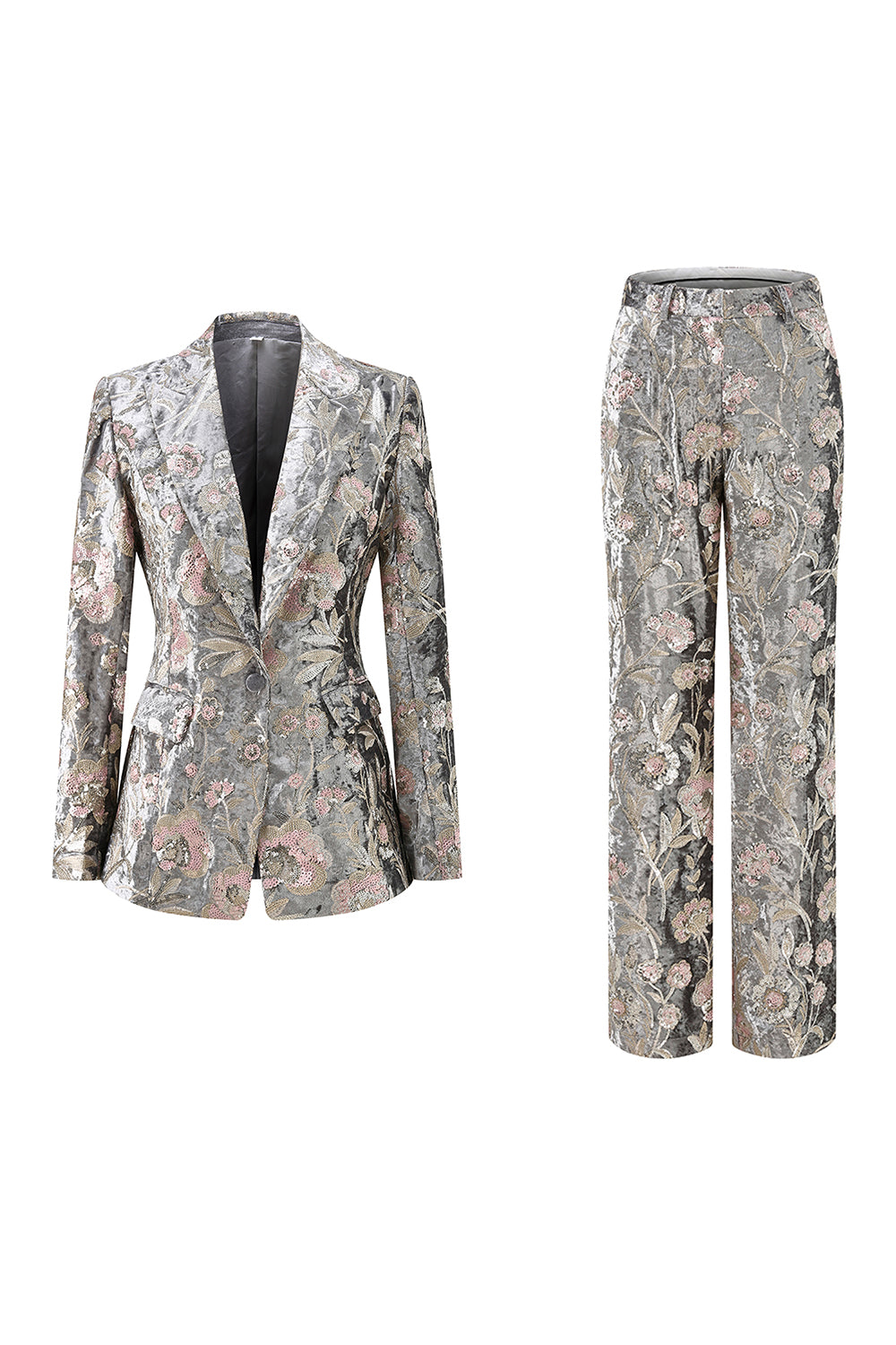 Sparkly Grey Peak Lapel 2 Piece Floral Women Prom Suits with Sequins