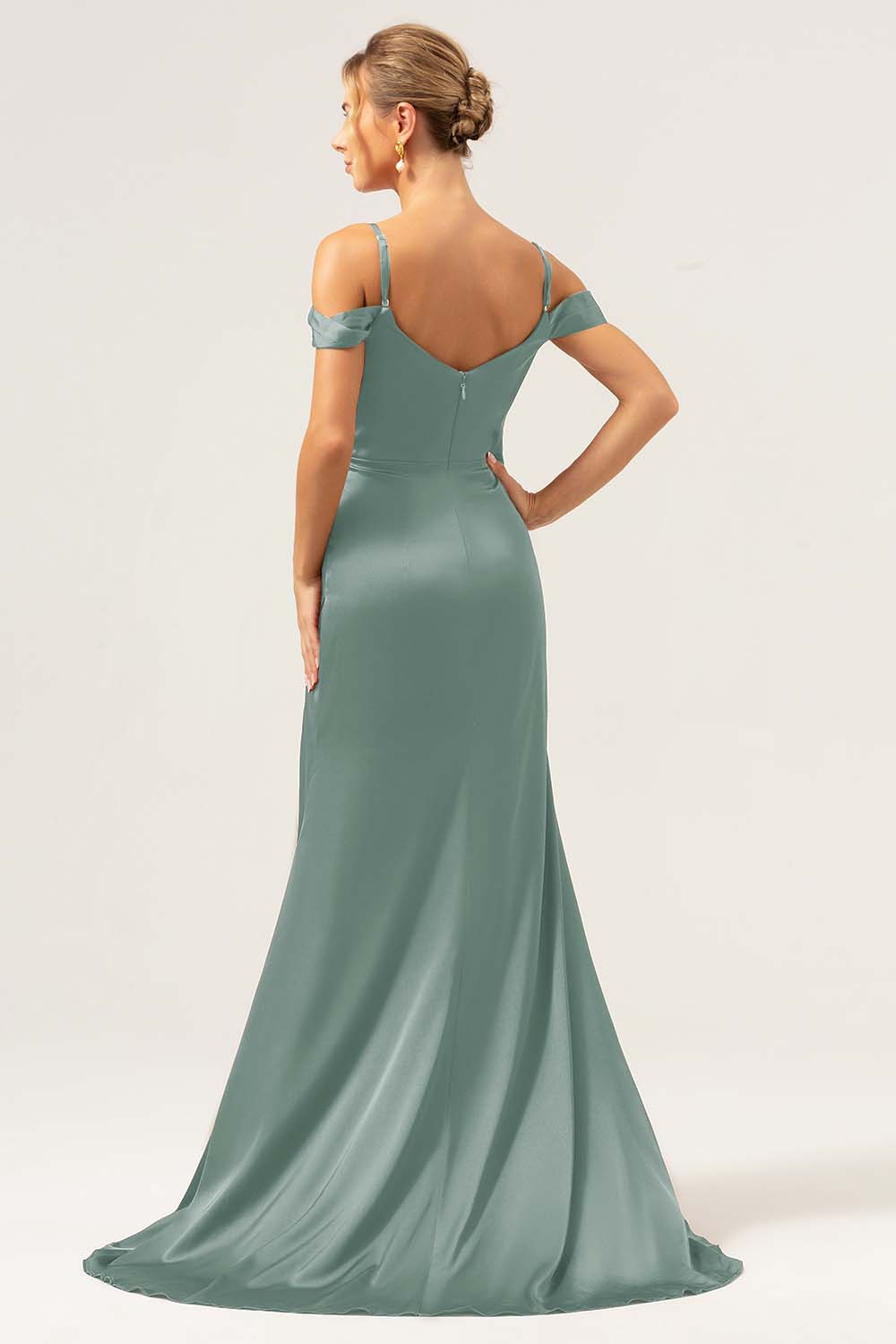 Dark Navy Mermaid Cold Shoulder Satin Wedding Party Dress with Slit