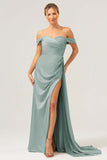 Dark Navy Satin Off the Shoulder Pleated Bridesmaid Dress with Slit