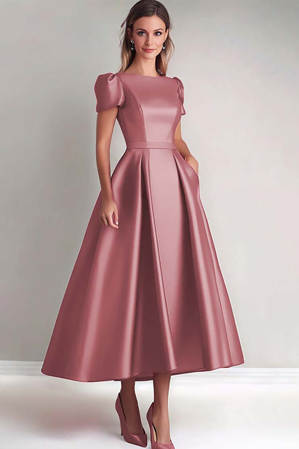 Terracotta A-Line Short Sleeves Satin Mother of the Bride Dress