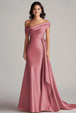Champagne Satin Sheath Off the Shoulder Formal Dress with Side Cape