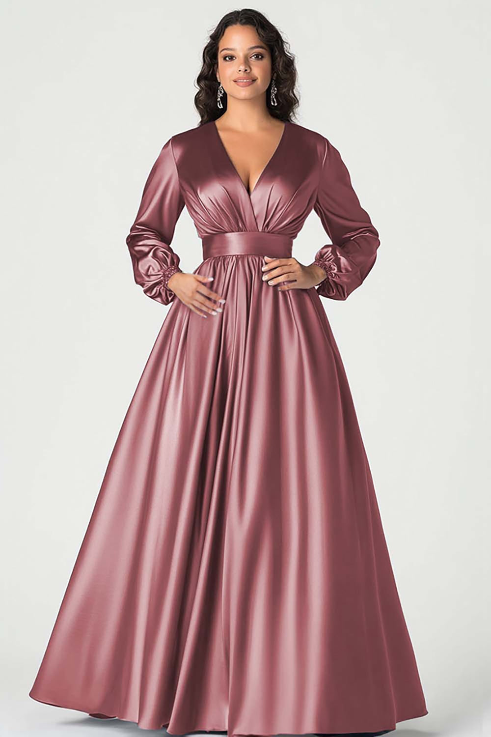 Grey Blue Satin A-Line Mother of the Bride Dress with Long Sleeves