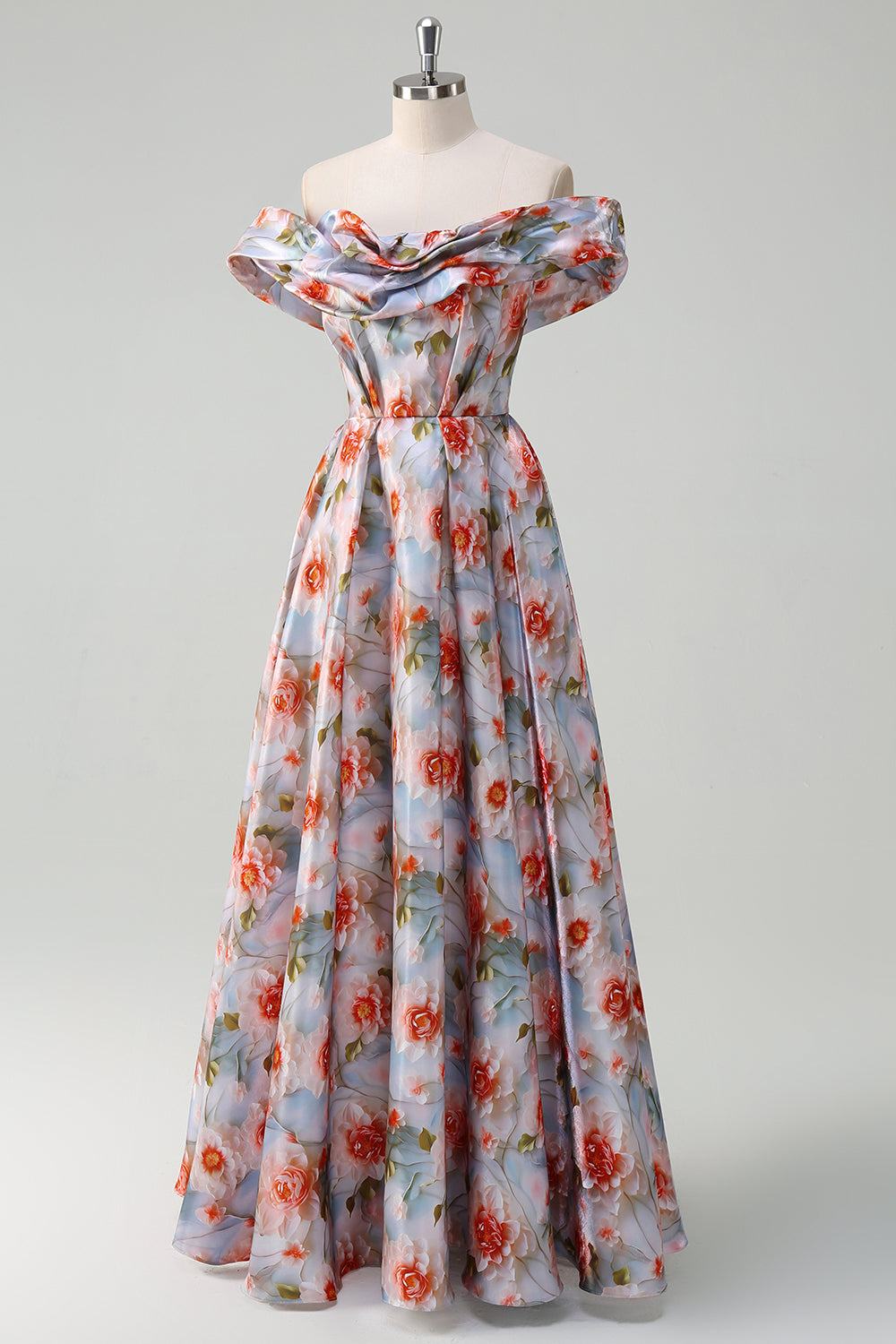 Blue Red Flower Off The Shoulder Ruched A Line Prom Dress