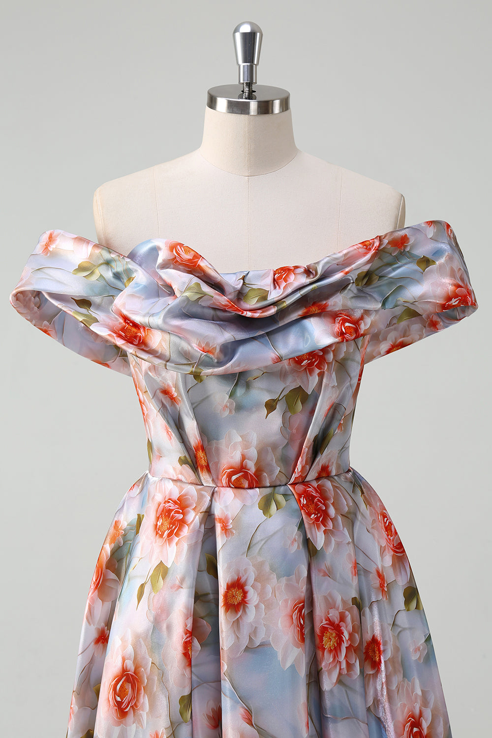 Blue Red Flower Off The Shoulder Ruched A Line Prom Dress