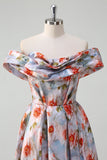 Blue Red Flower Off The Shoulder Ruched A Line Prom Dress