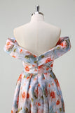 Blue Red Flower Off The Shoulder Ruched A Line Prom Dress