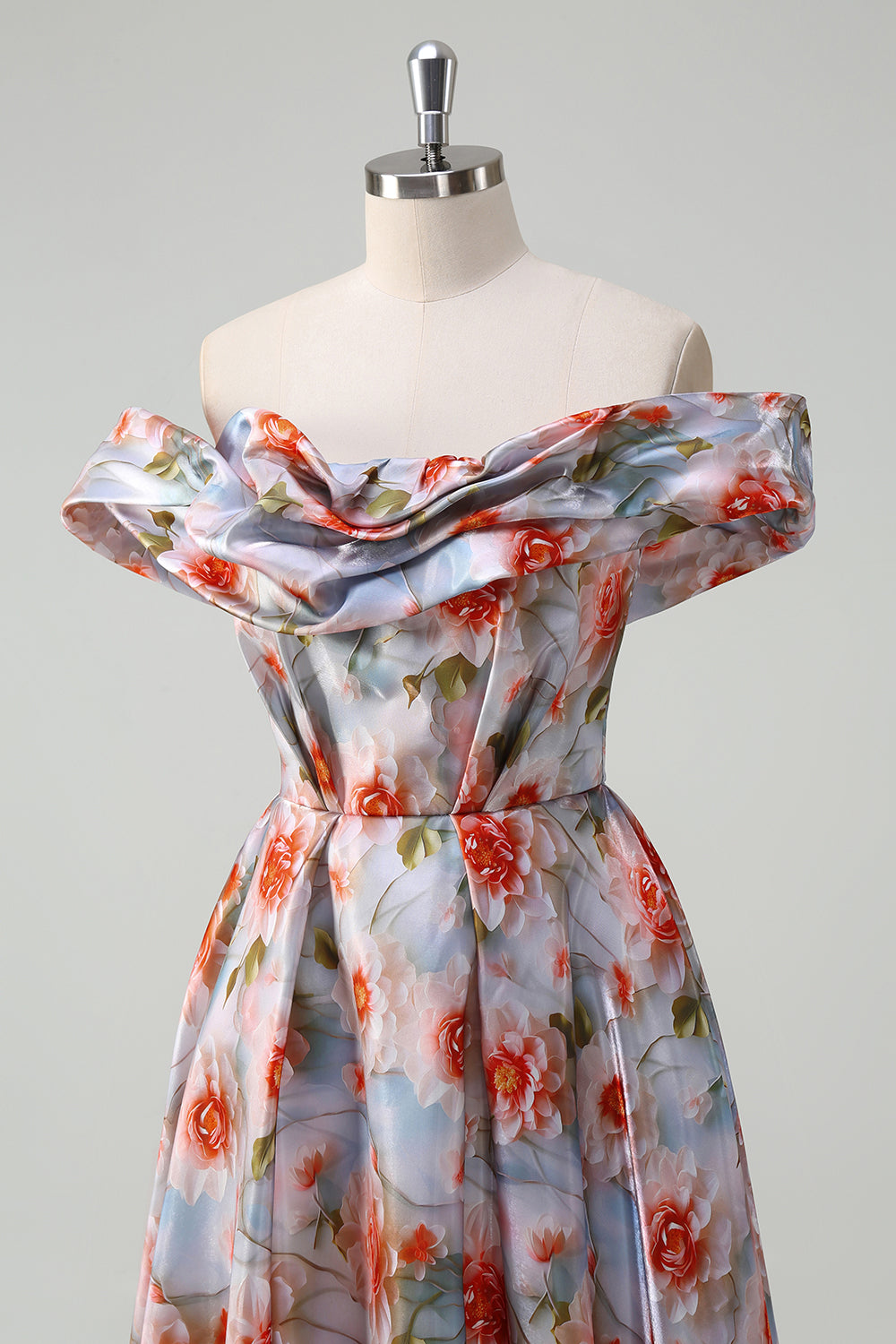Blue Red Flower Off The Shoulder Ruched A Line Prom Dress