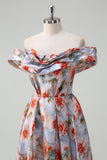 Blue Red Flower Off The Shoulder Ruched A Line Prom Dress