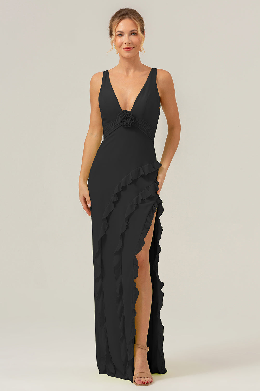 Terracotta V Neck Ruffled Sheath Flower Bridesmaid Dress with Slit