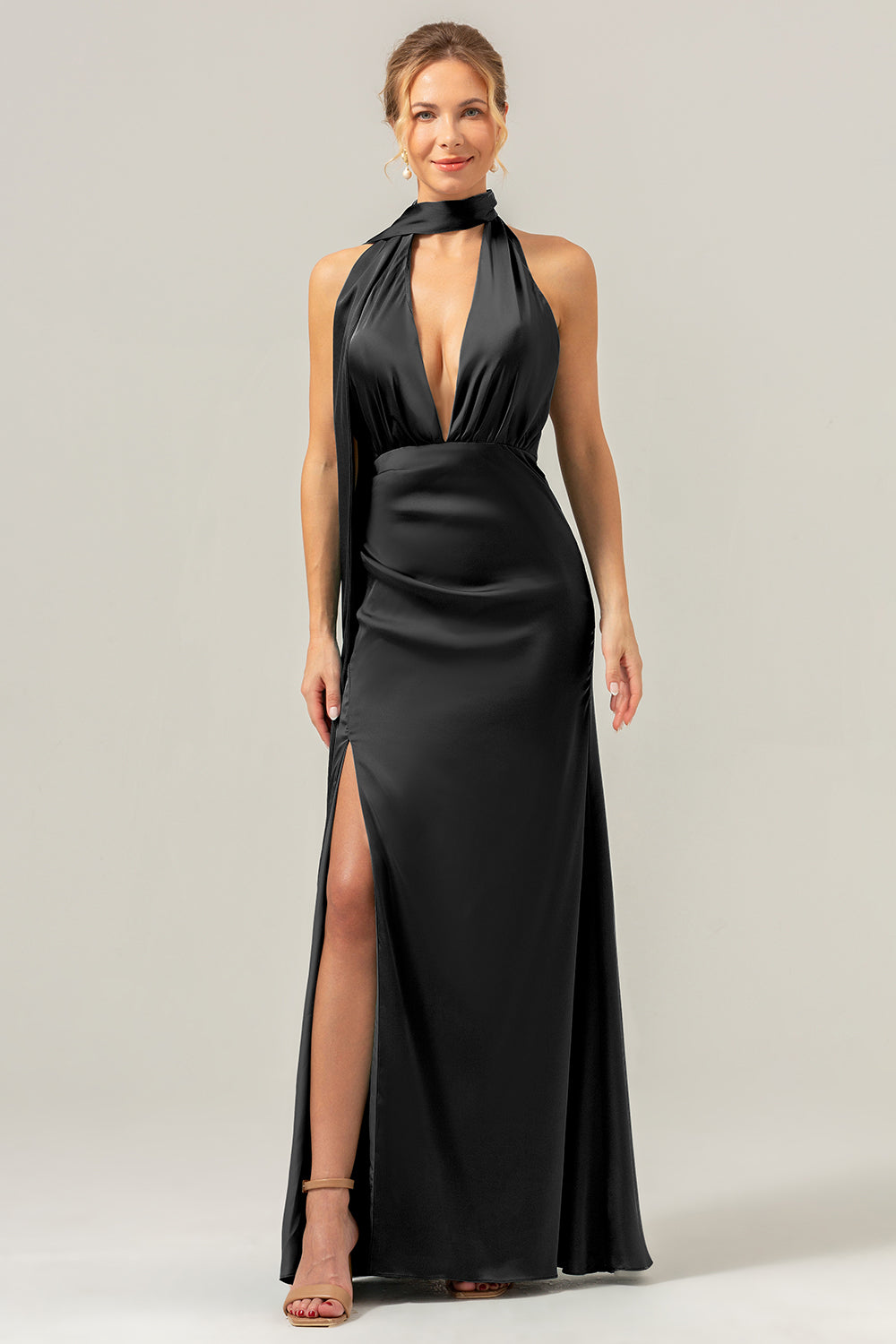 Burgundy Sheath V-Neck Satin Bridesmaid Guest Dress with Slit