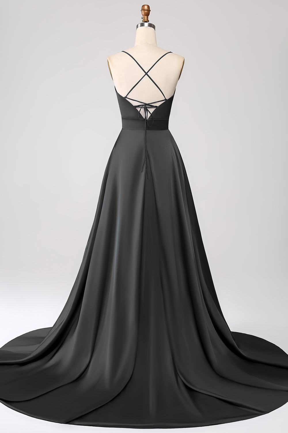 Royal Blue A Line Spaghetti Straps Satin Prom Dress with Slit