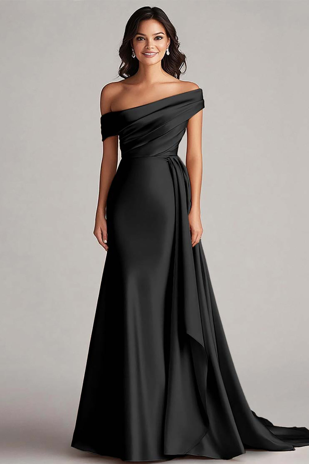 Champagne Satin Sheath Off the Shoulder Formal Dress with Side Cape