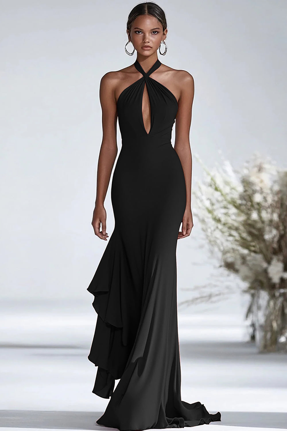 Terracotta Sheath Halter Chiffon Keyhole Long Formal Dress with Ruffles
