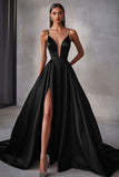 Navy A Line Satin V-Neck Spaghetti Straps Maxi Prom Dress with Slit
