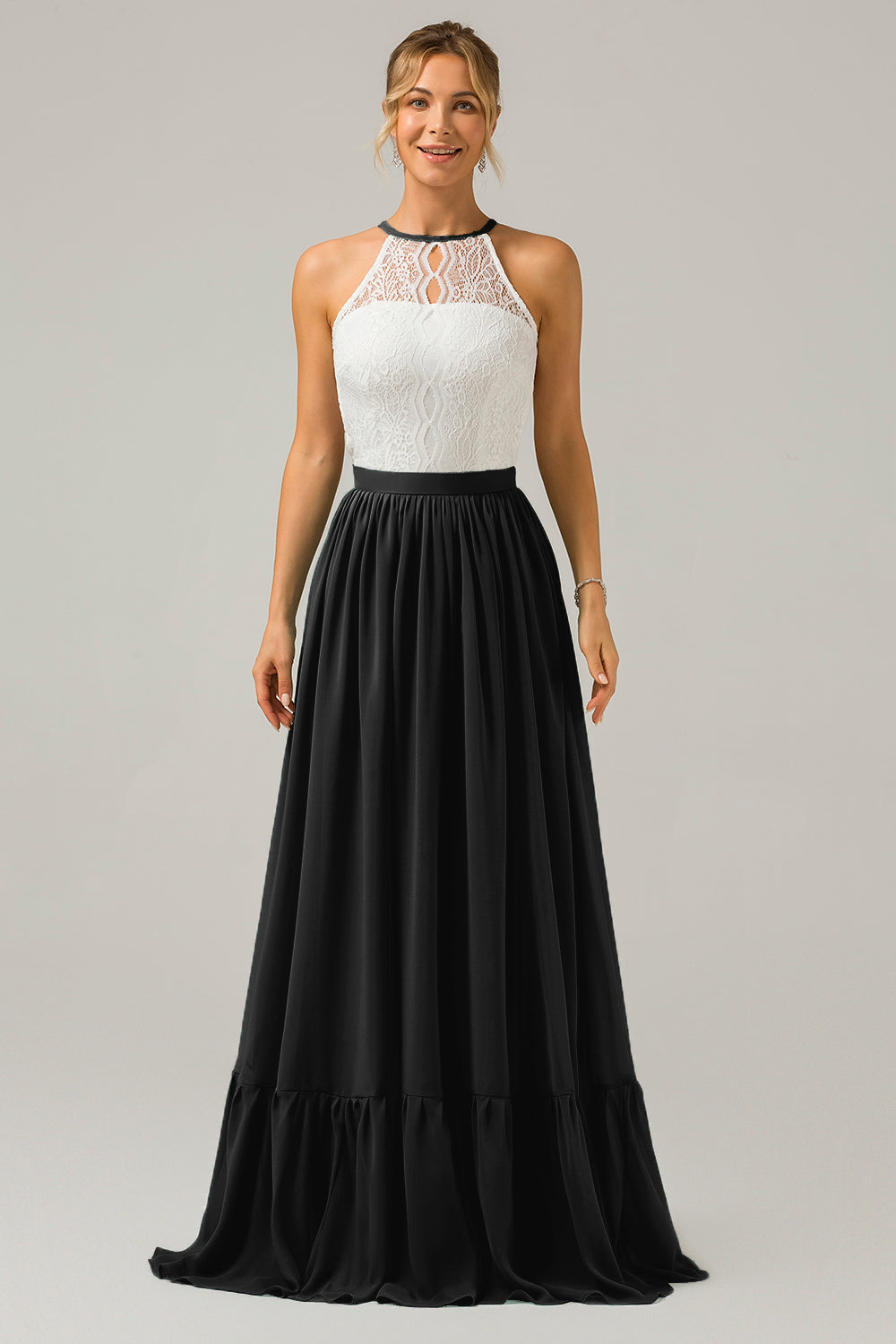 Eucalyptus A-Line Halter Pleated Keyhole Chiffon Bridesmaid Dress With Lace