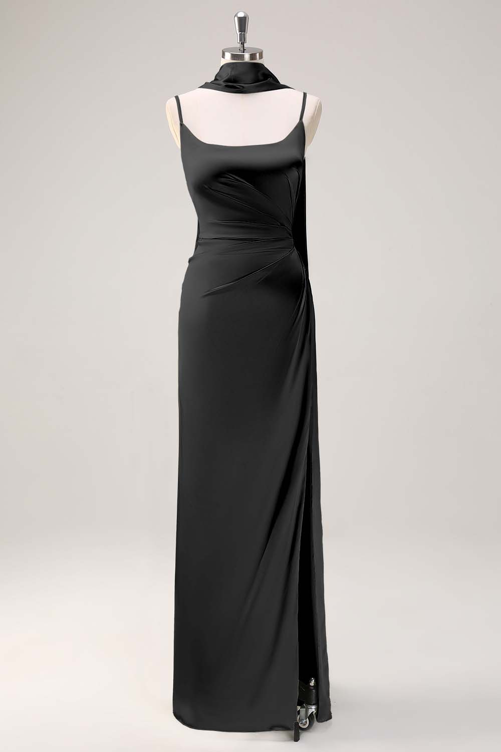 Blushing Pink Satin Scoop Neck Sheath Bridesmaid Dress with Ribbon