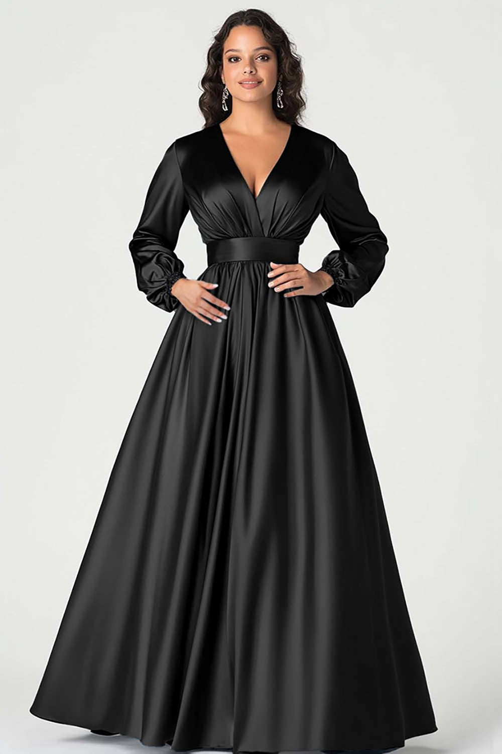Grey Blue Satin A-Line Mother of the Bride Dress with Long Sleeves