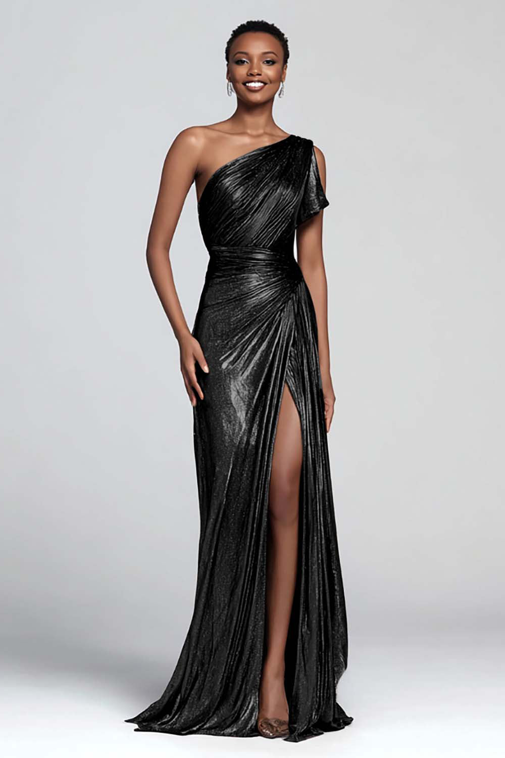 Brown Metallic One Shoulder Mermaid Long Formal Dress with Slit
