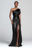 Brown Metallic One Shoulder Mermaid Long Formal Dress with Slit