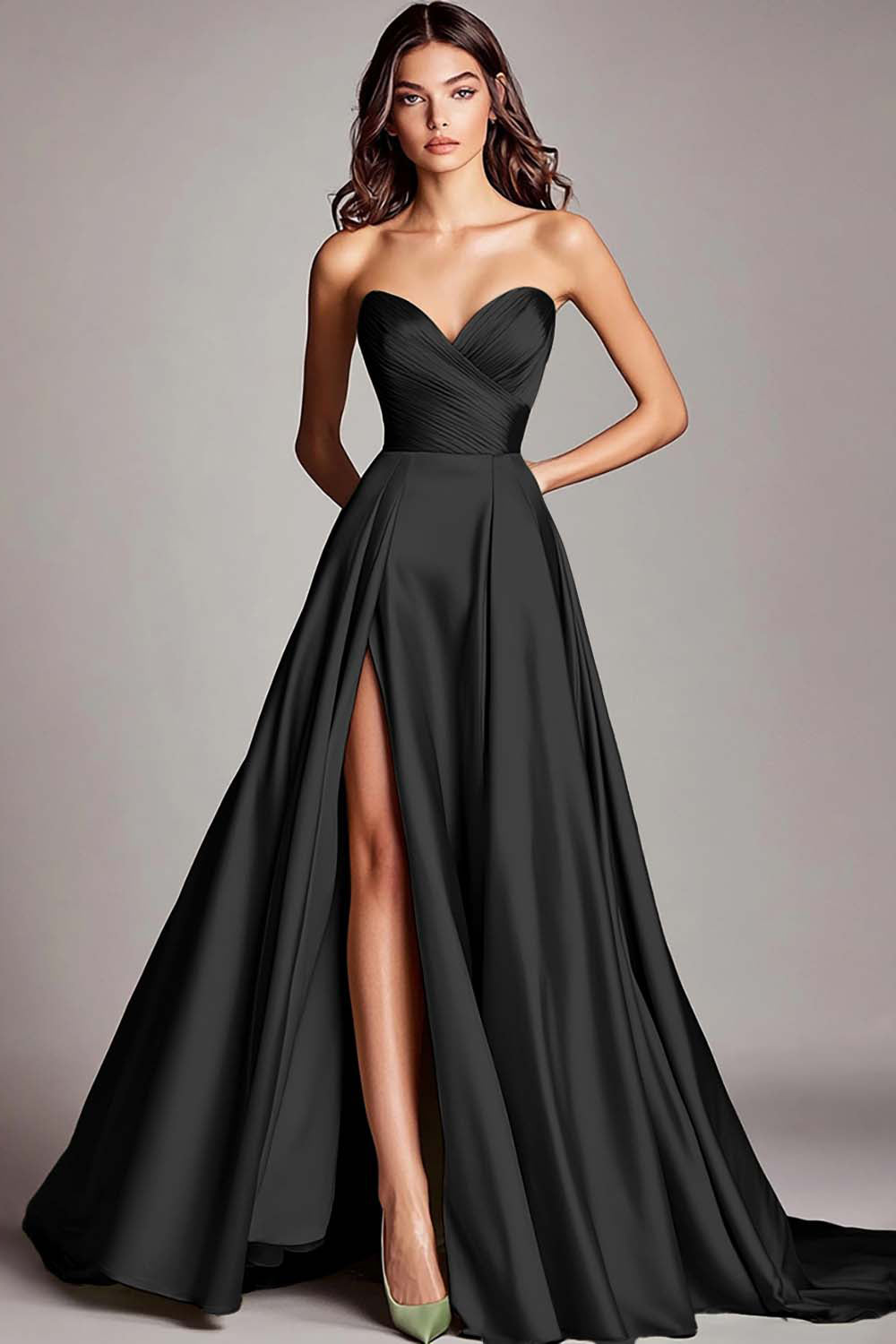 A Line Dusty Sage Sweetheart Strapless Maxi Prom Dress with Slit