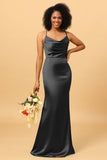 Dusty Sage Mermaid Cowl Neckline Long Satin Bridesmaid Dress