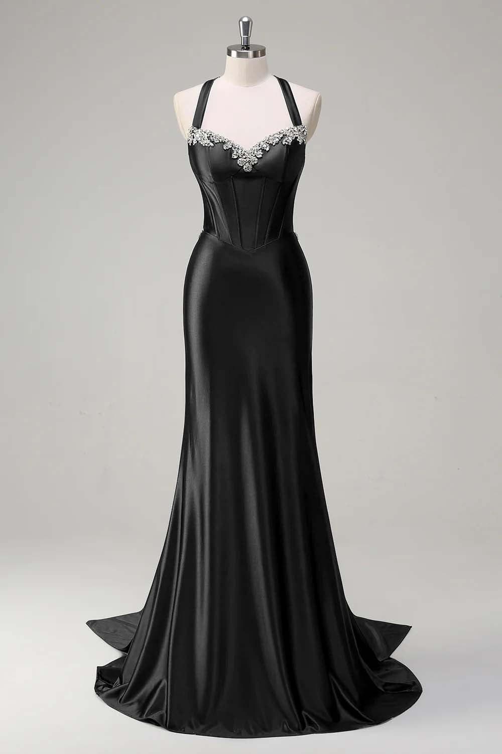 Dark Green Corset Beaded Satin Mermaid Sweep Train Prom Dress