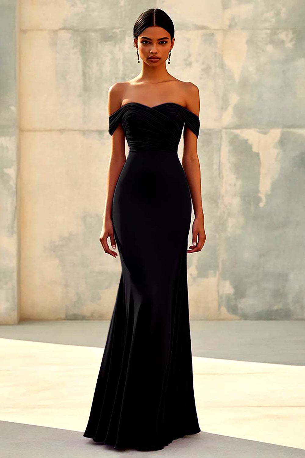 Chiffon Purple Off the Shoulder Sheath Pleated Formal Dress