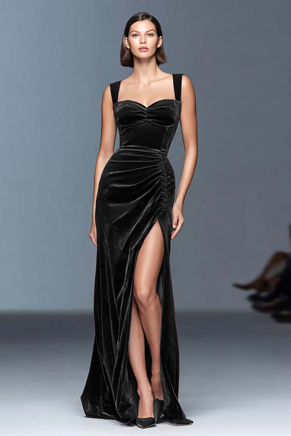 Maxi Burgundy Velvet Ruched Sheath Holiday Party Dress with Slit