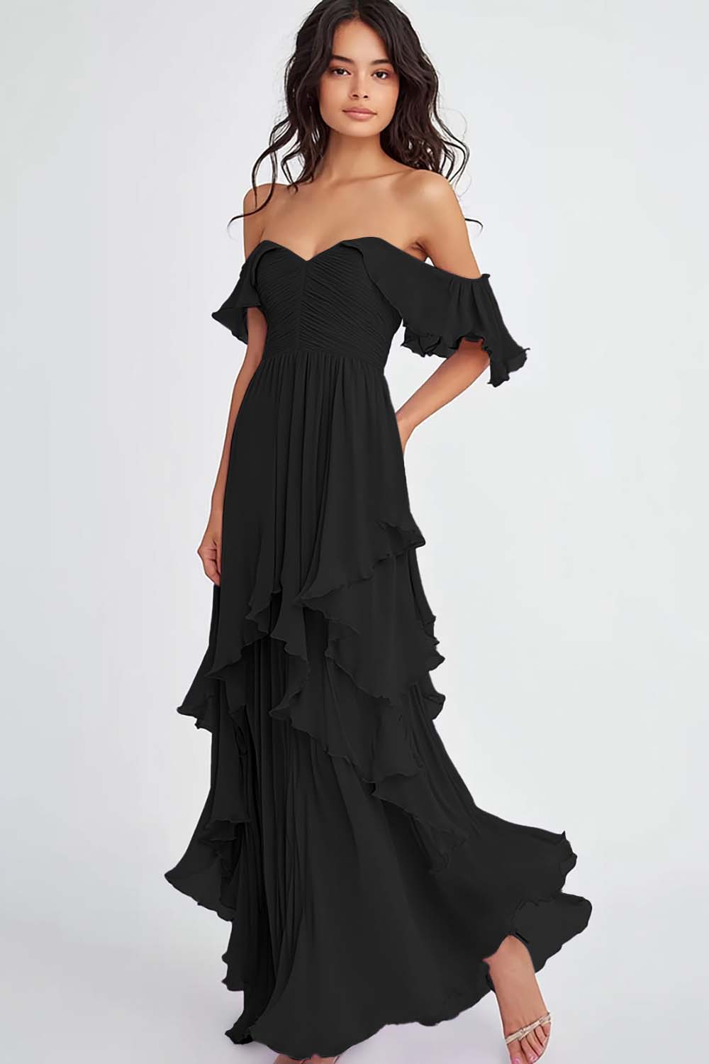 Lilac Off the Shoulder Ruffled Flowy A Line Maxi Formal Dress