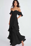 Lilac Off the Shoulder Ruffled Flowy A Line Maxi Formal Dress