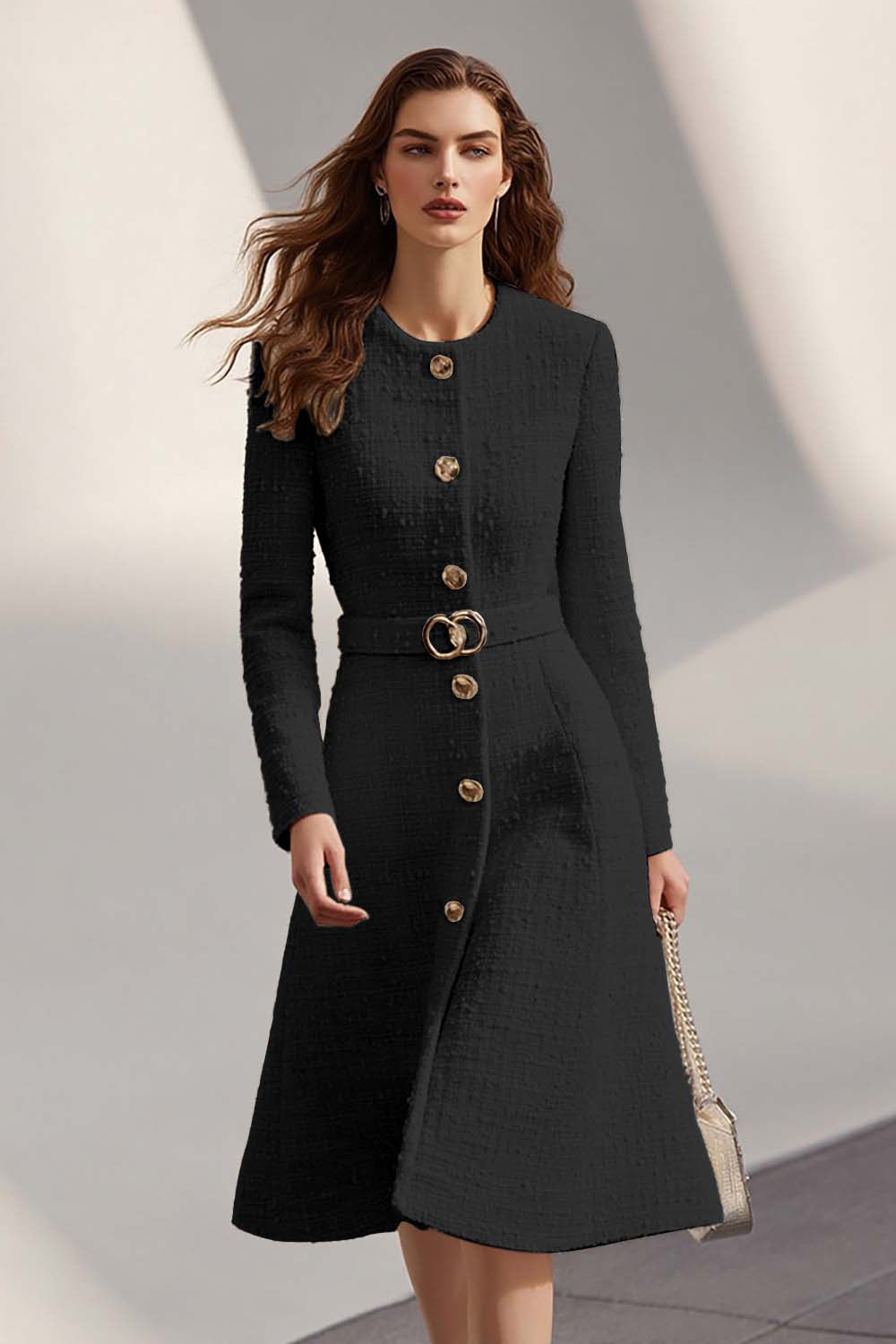 Tweed Ivory Long Sleeves Round Neck Midi Work Dress with Belt