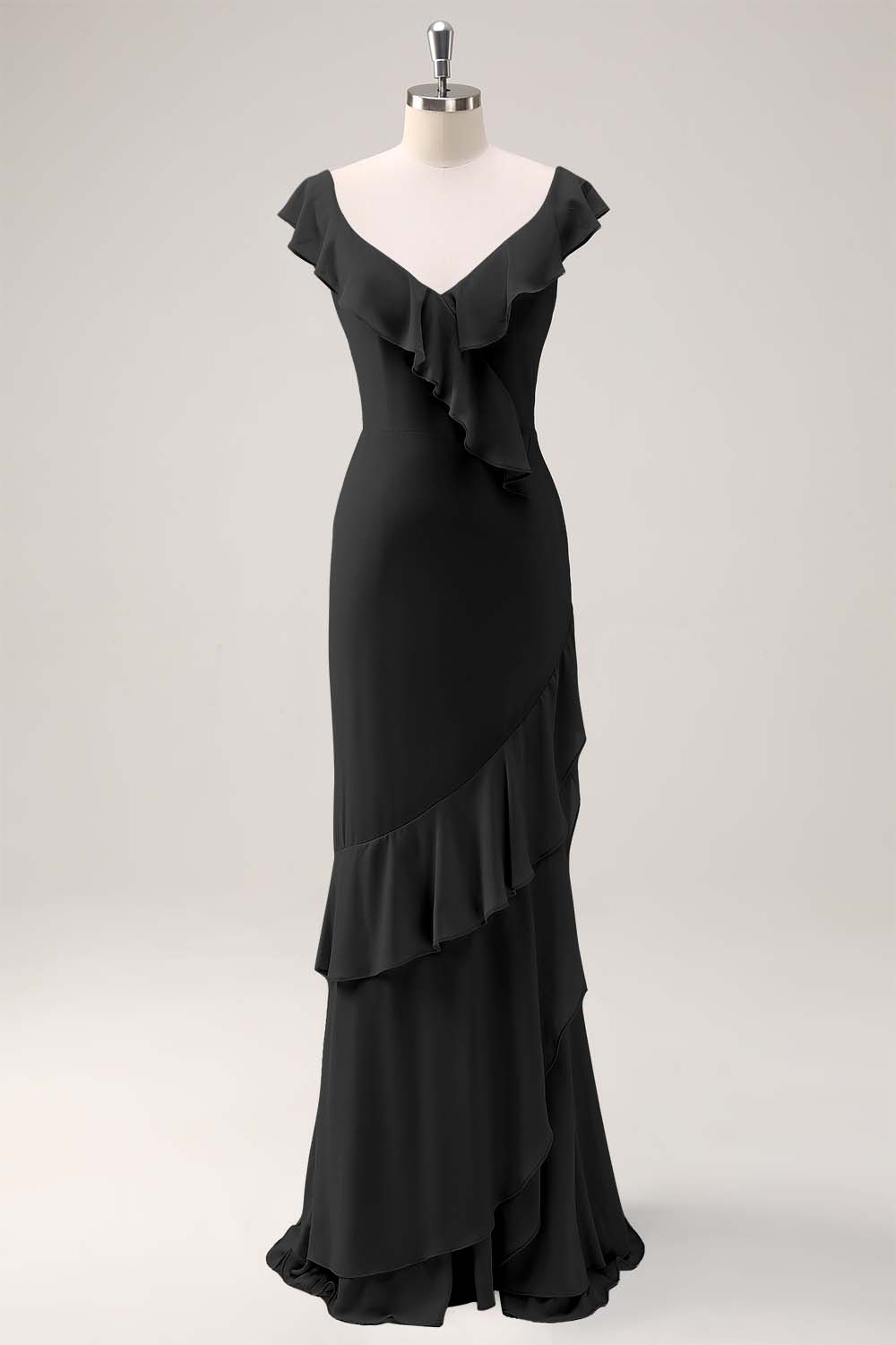 Blush Pink Mermaid V-Neck Chiffon Maxi Bridesmaid Dress with Ruffles