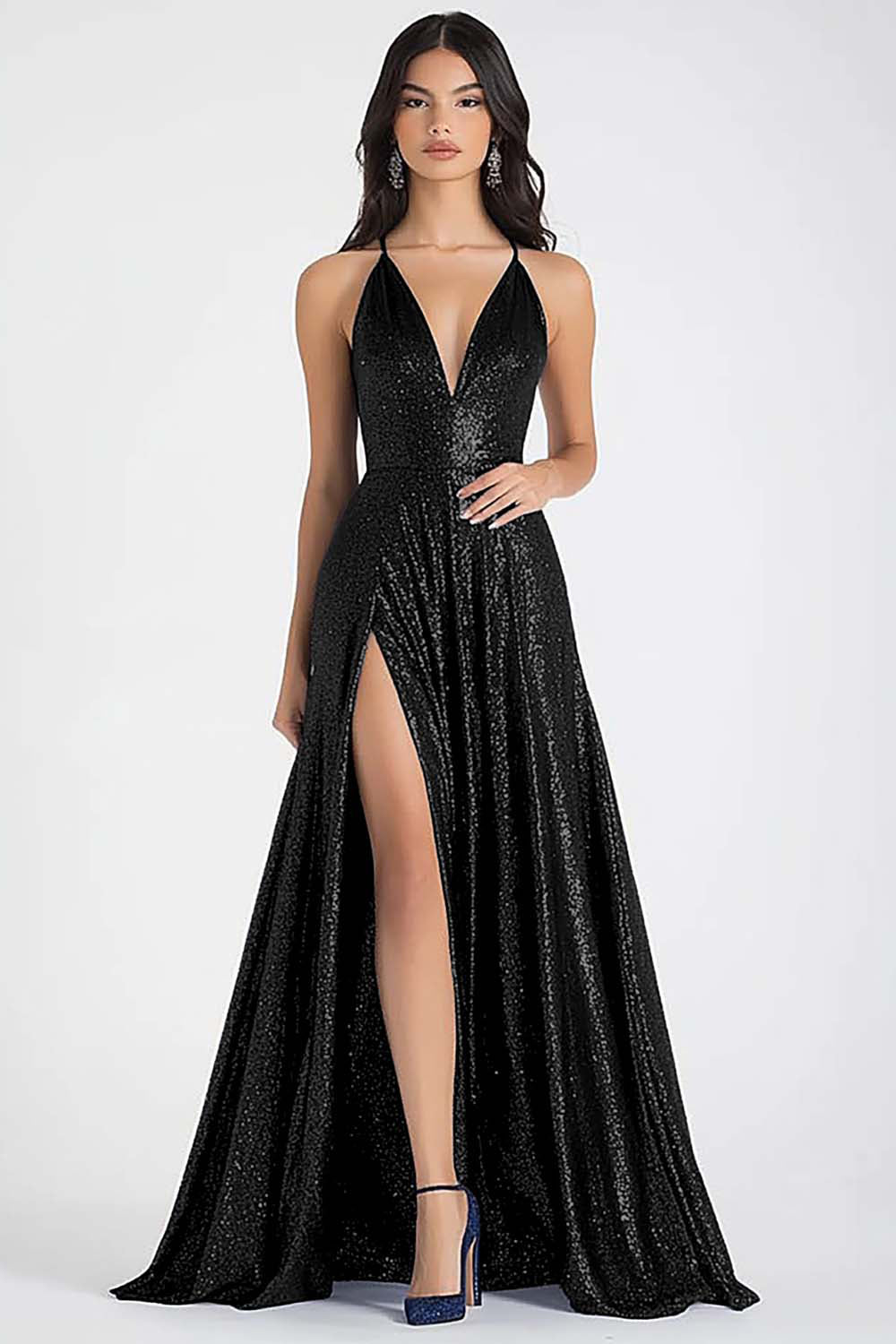 Sparkly Navy A Line Sequined V-Neck Maxi Prom Dress with Slit