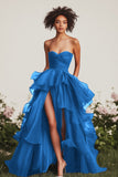 A Line Navy Sweetheart Flowy Maxi Formal Dress with Ruffles