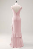 Blush Pink Mermaid V-Neck Chiffon Maxi Bridesmaid Dress with Ruffles