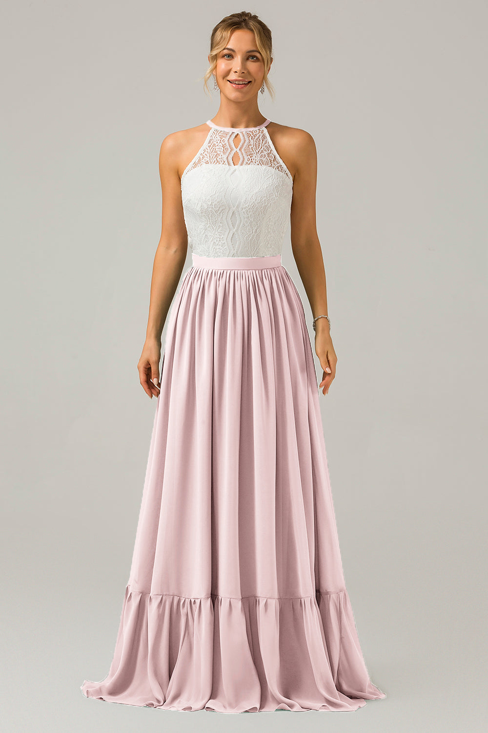 Eucalyptus A-Line Halter Pleated Keyhole Chiffon Bridesmaid Dress With Lace
