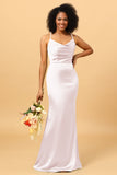 Dusty Sage Mermaid Cowl Neckline Long Satin Bridesmaid Dress