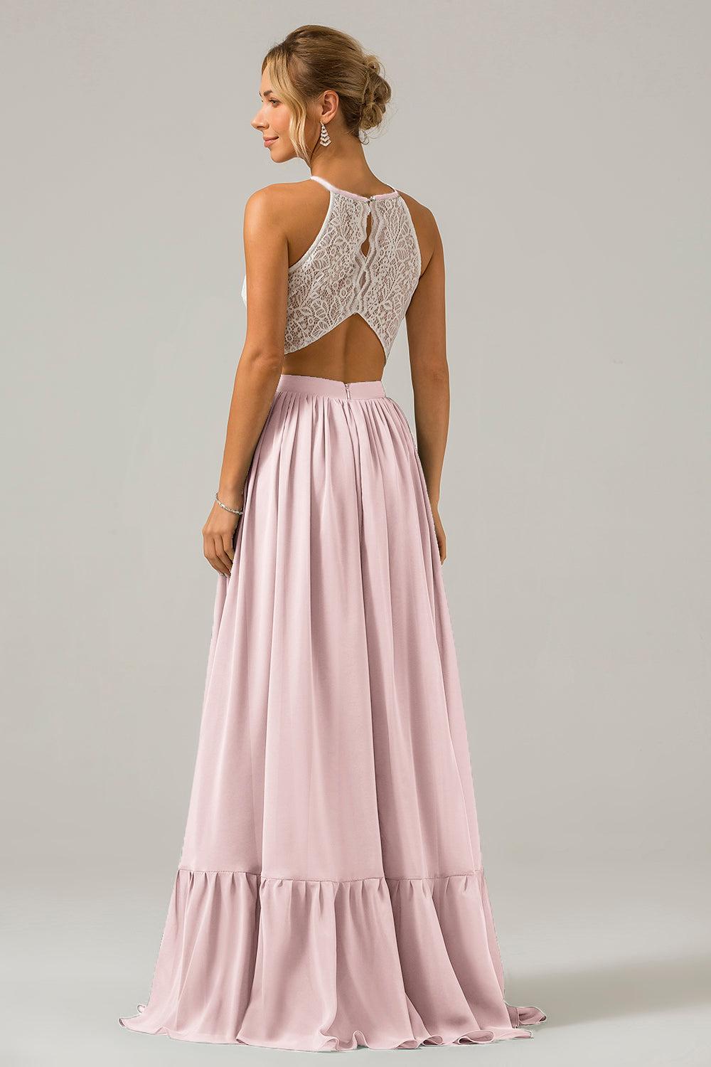 Eucalyptus A-Line Halter Pleated Keyhole Chiffon Bridesmaid Dress With Lace