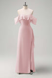 Blush Pink Ruffled Maxi Chiffon Bridesmaid Dress with Slit