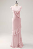Blush Pink Mermaid V-Neck Chiffon Maxi Bridesmaid Dress with Ruffles