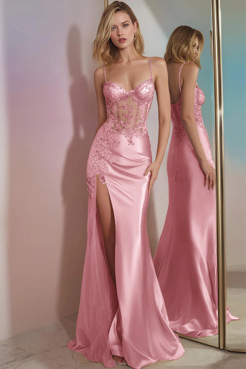 Sparkly Corset Golden Mermaid Long Prom Dress with Slit
