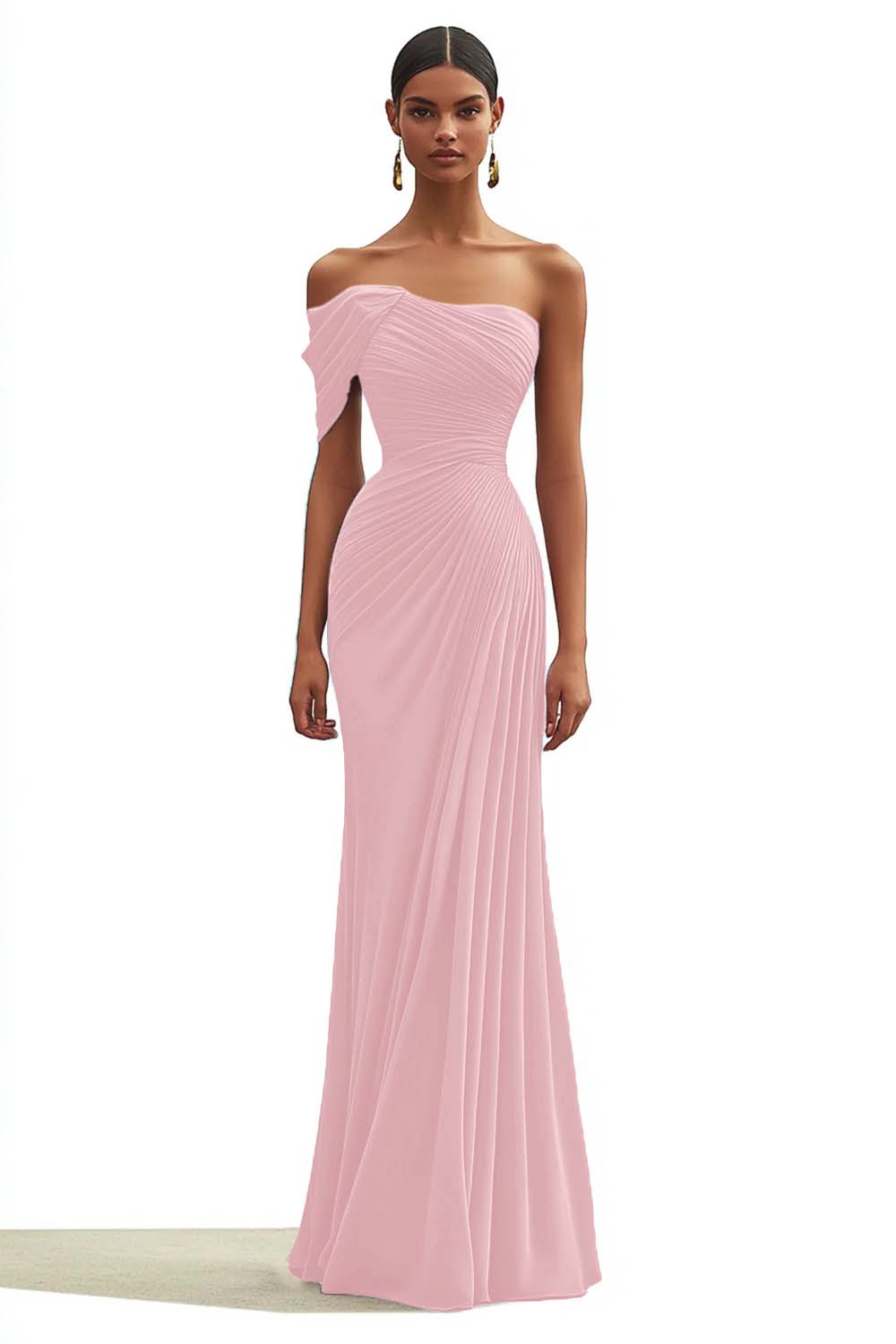 One Shoulder Dark Green Pleated Sheath Maxi Formal Dress
