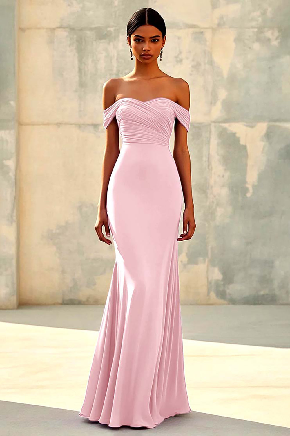 Chiffon Purple Off the Shoulder Sheath Pleated Formal Dress