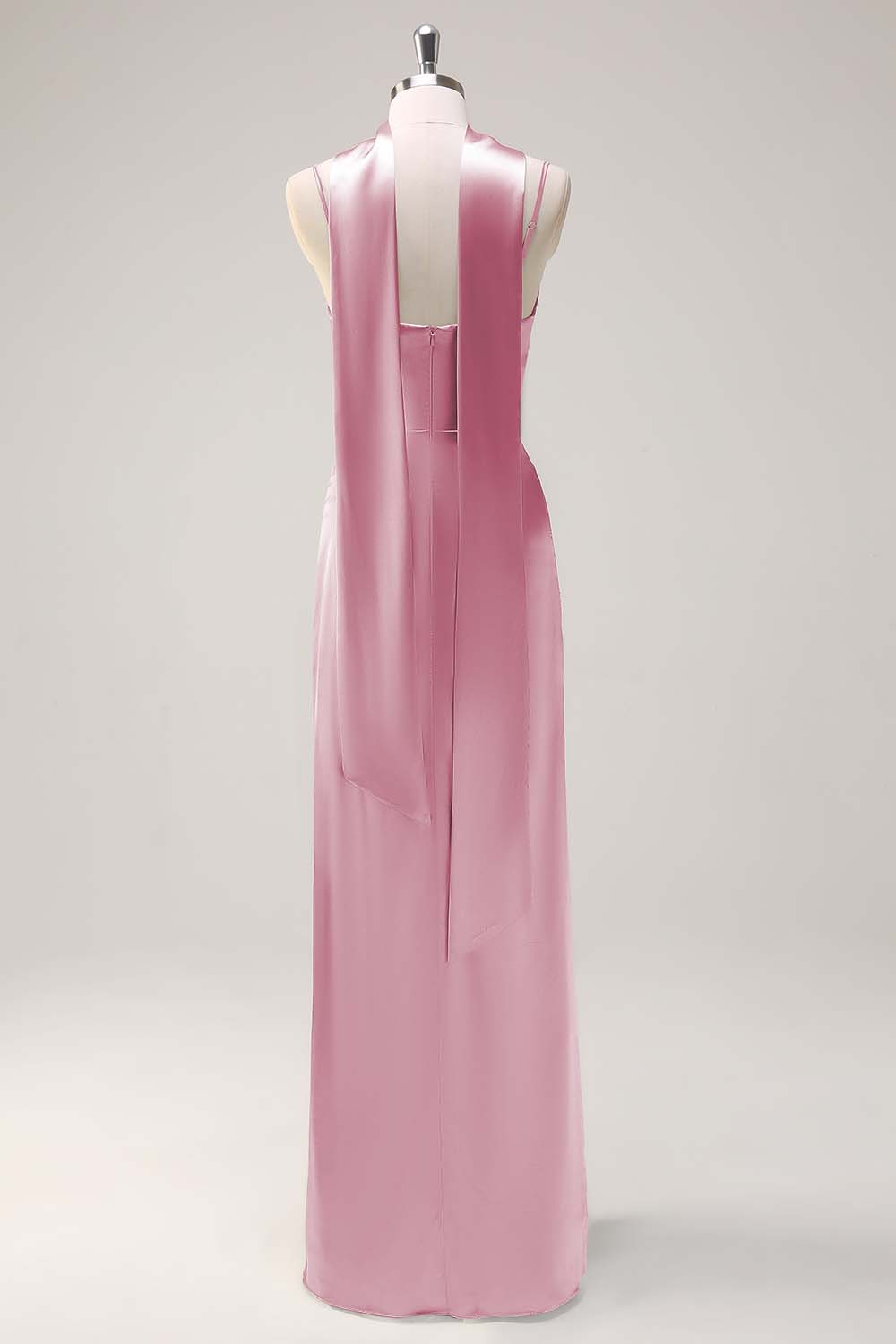 Blushing Pink Satin Scoop Neck Sheath Bridesmaid Dress with Ribbon