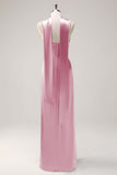 Blushing Pink Satin Scoop Neck Sheath Bridesmaid Dress with Ribbon