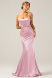 Grey Blue Mermaid Satin Spaghetti Straps Long Bridesmaid Dress