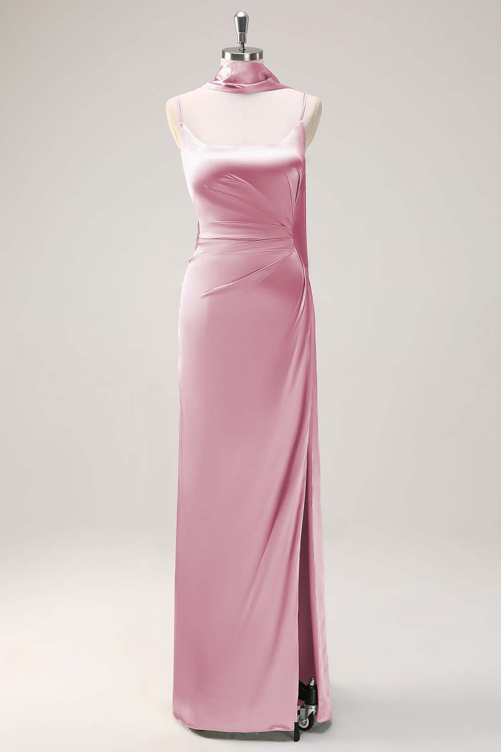 Blushing Pink Satin Scoop Neck Sheath Bridesmaid Dress with Ribbon